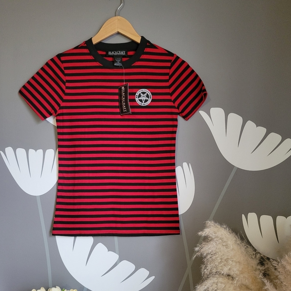 NWT Blackcraft Cult Black and Red Striped Patch Tee Size XS Believe In Yourself